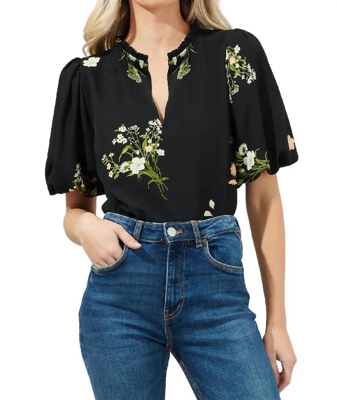 Jenna Floral Split Neck Blouse In Black Office-Ready Blouse