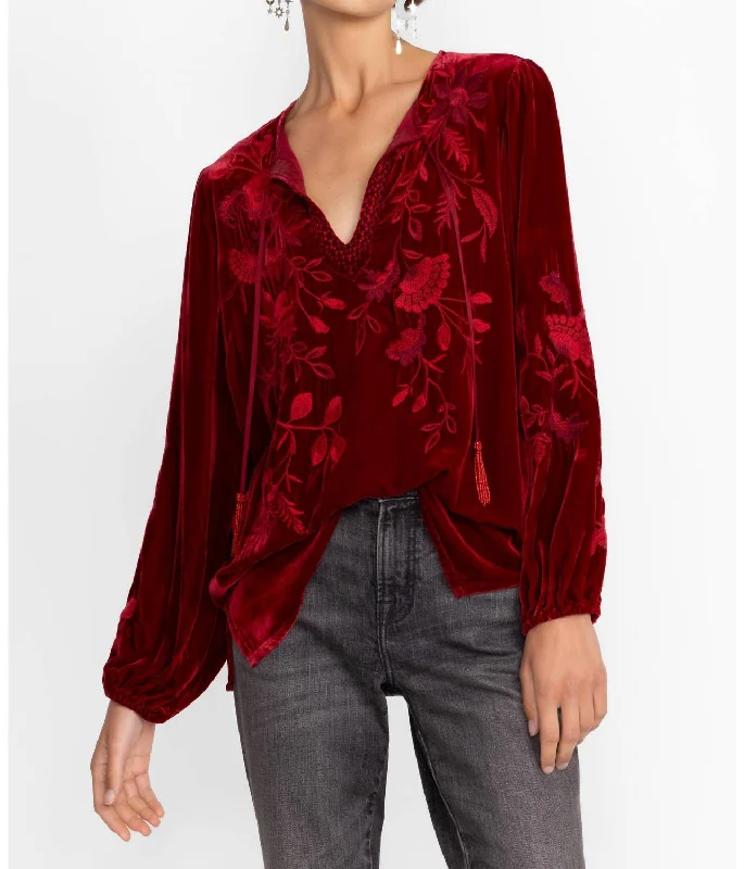 Junie Velvet Relaxed Blouse In Red Feminine Satin Blouse