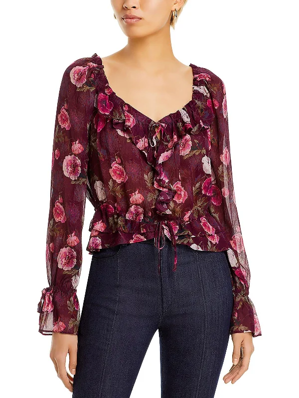 Lanea Womens Ruffled Sheer Blouse Embroidered Cotton Blouse