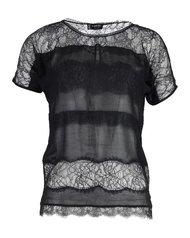 Lanvin Sheer Lace Blouse in Black Silk Feminine Pastel Blouse