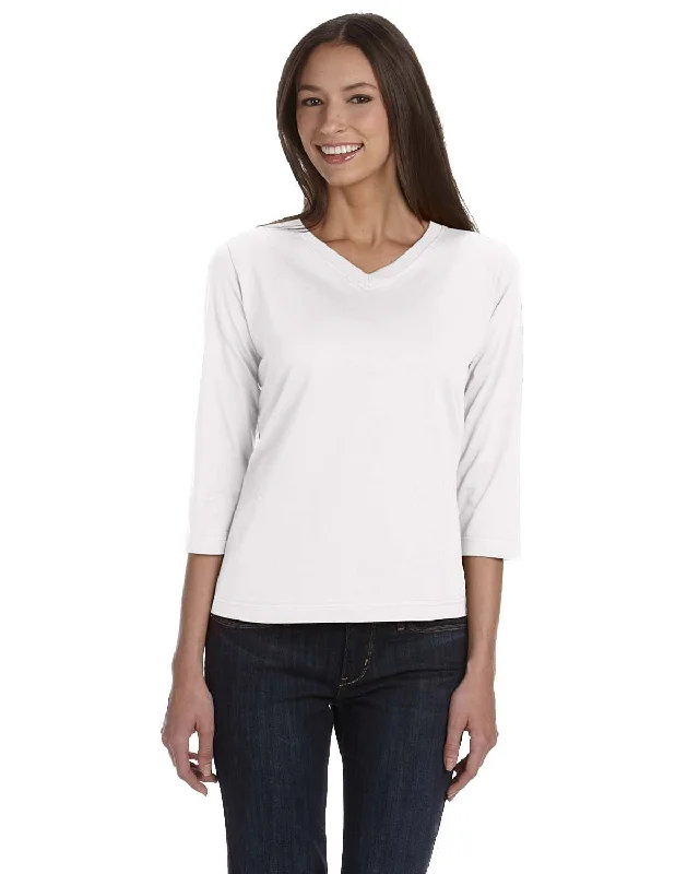 LAT Ladies 3/4 Sleeve V-Neck Tee | White Cotton Fabric Linen Fabric Terry Fabric