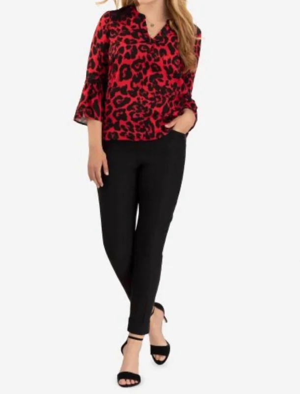 Leopard Bell Sleeve Blouse In Red Elegant Silk Blouse