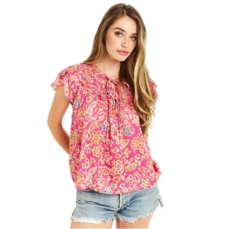 Love The Label Liza Top Alessandra Womens Ladies Blouse Cotton Pink Print Vintage Lace Blouse