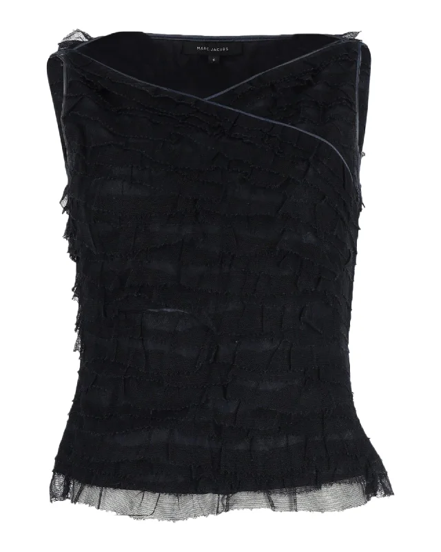 Marc Jacobs Organza Tiered Sleeveless Blouse in Navy Blue Polyester Delicate Pleat Blouse