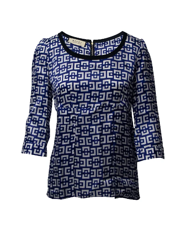 Marni Geometric Printed Blouse in Blue and White Viscose Embroidered Floral Blouse