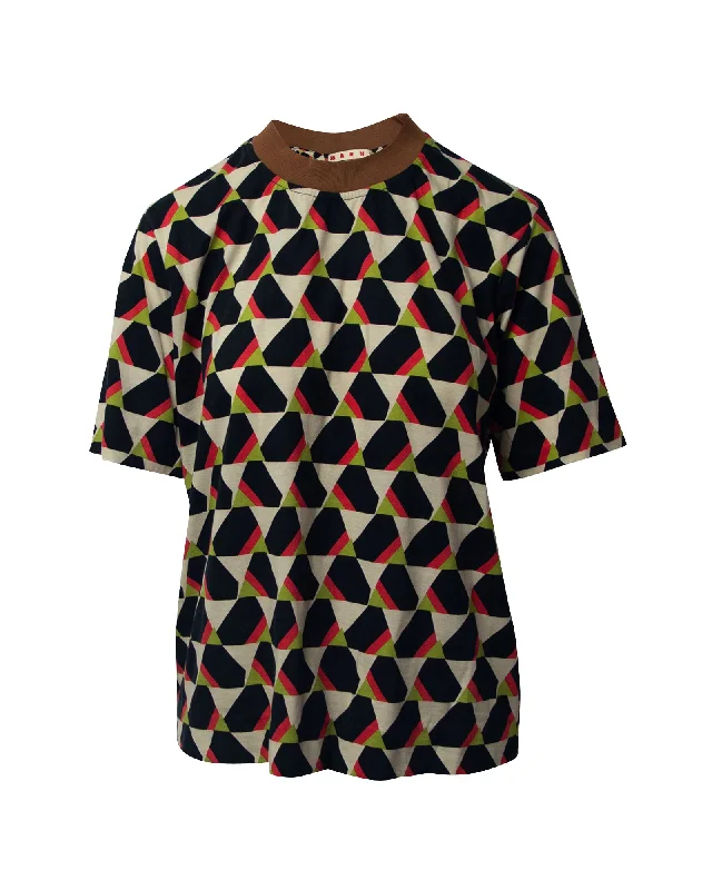 Marni Printed Short Sleeve Blouse in Multicolor Cotton Drape Neck Blouse