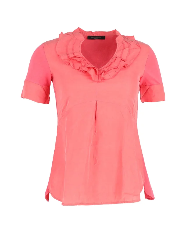 Max Mara Ruffled Blouse in Pink Silk Lightweight Linen Blouse