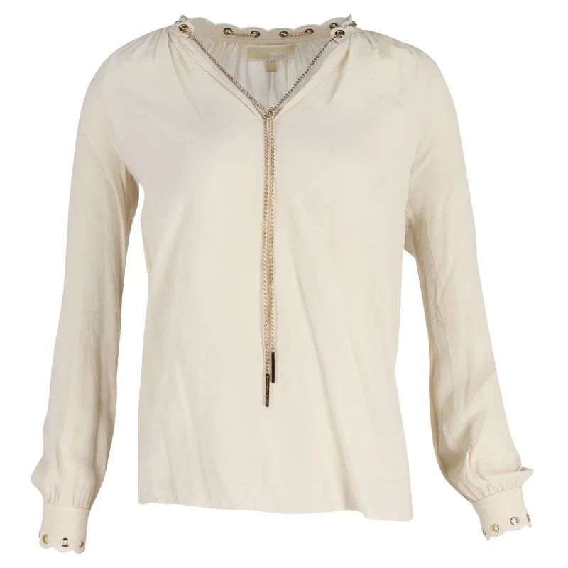 Michael Michael Kors Chain Lace Blouse in White Polyester Satin Drape Blouse