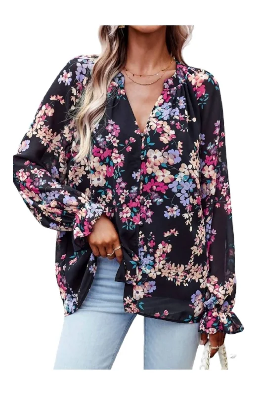 Moody Floral Blouse In Black Casual Relaxed Fit Blouse