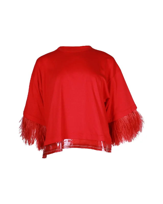 N°21 Ostrich Feather Trimmed Relaxed Blouse in Red Cotton Slim Fit Blouse