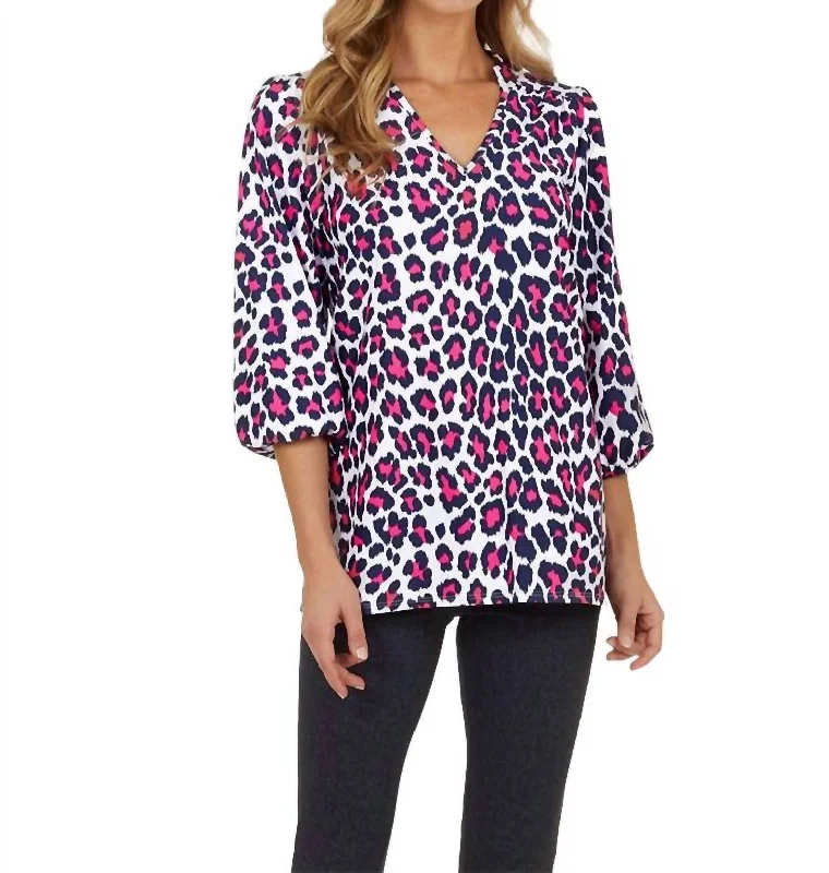 Nadia Tunic Blouse In Leopard Navy/berry Satin Long Blouse