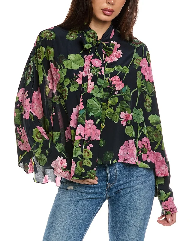 Oscar de la Renta Dolman Sleeve Tie-Front Geranium Silk Blouse Casual Button Blouse