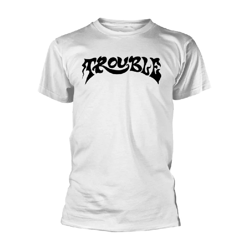 Trouble Unisex T-shirt: Logo 2 (White) Collared Crew Neck Turtle Neck