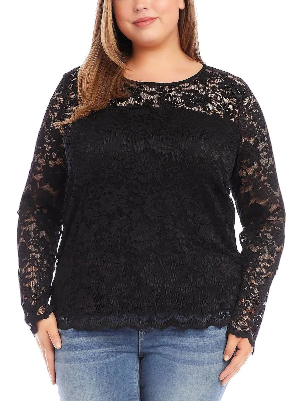 Plus Womens Lace Scalloped Blouse Elegant Silk Blouse