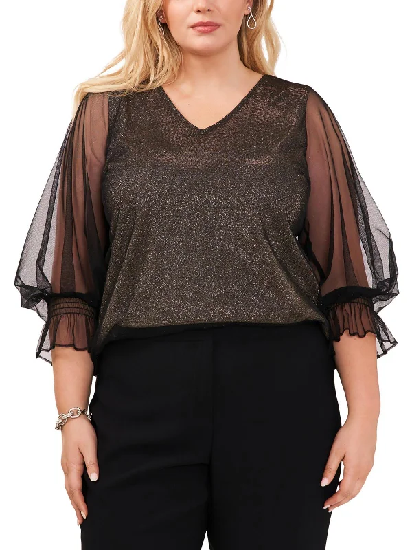 Plus Womens Metallic V-Neck Blouse Asymmetric Hem Blouse