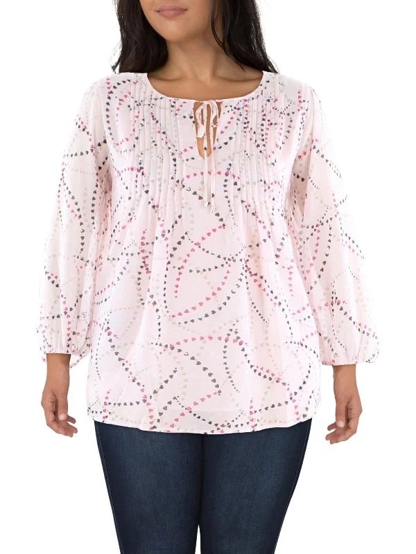 Plus Womens Pintuck Heart Print Blouse Office-Ready Blouse