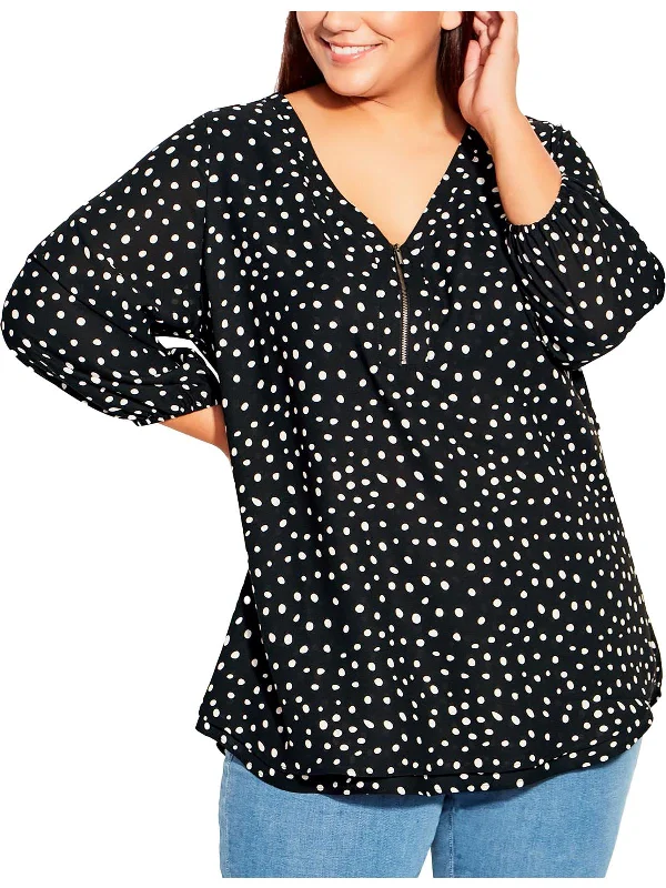 Plus Womens Polka Dot 1/4 Zip Blouse Frilled Cuff Blouse