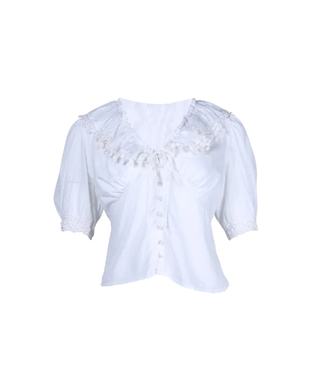 Rixo Rihanna Lace-Trimmed Blouse in White Cotton Peter Pan Blouse