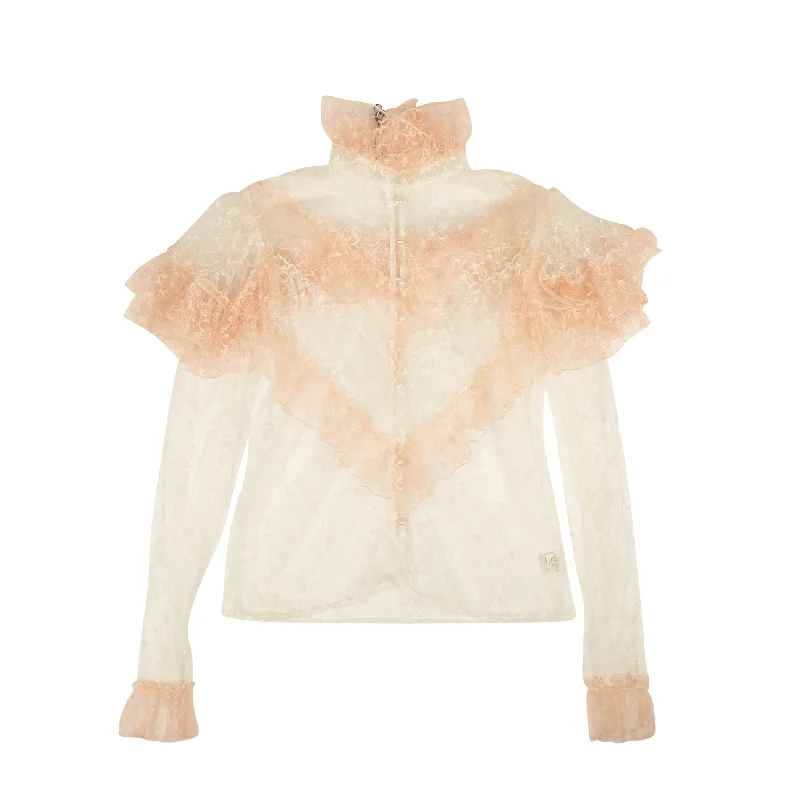 Rodarte Pink & White Floral Tulle Blouse - Pink/White Embellished Collar Blouse