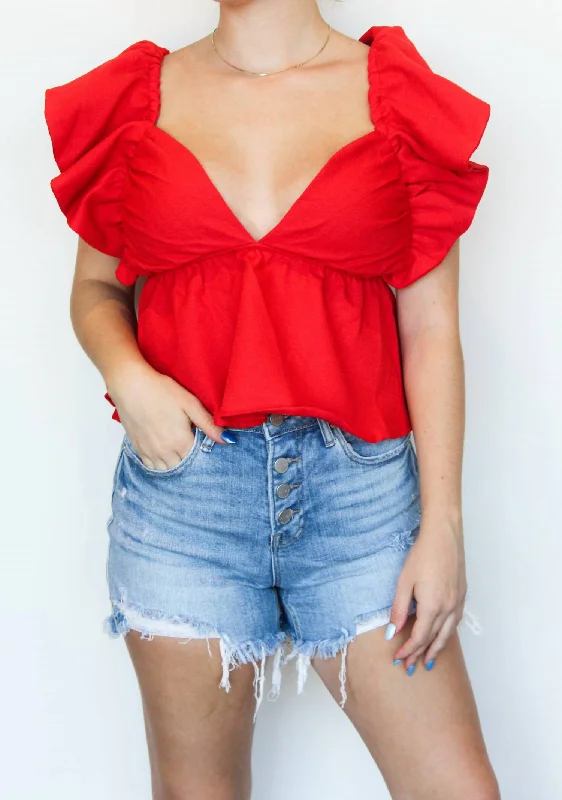 Ruffle Open Back Blouse In Red Chic Square Blouse