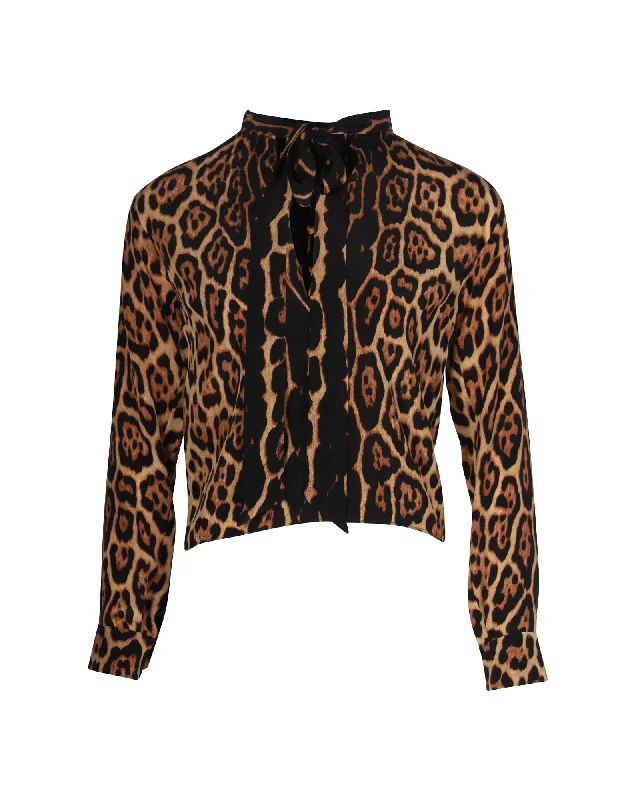 Saint Laurent Pussy Bow Blouse in Animal Print Silk Off-Shoulder Wrap Blouse