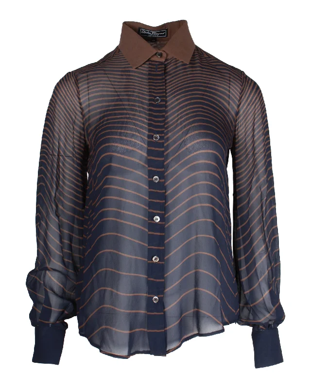 Salvatore Ferragamo Striped Buttoned Blouse in Brown and Blue Silk Textured Cotton Blouse