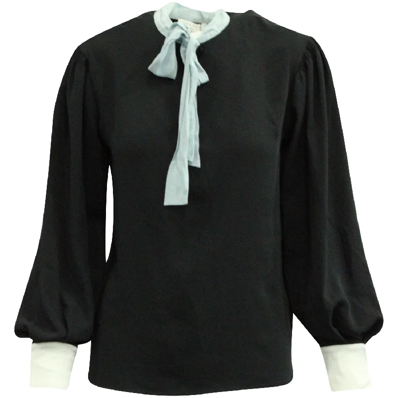 Sandro Long Sleeve Blouse with Pussy Bow in Black Polyester Sheer Sleeve Blouse