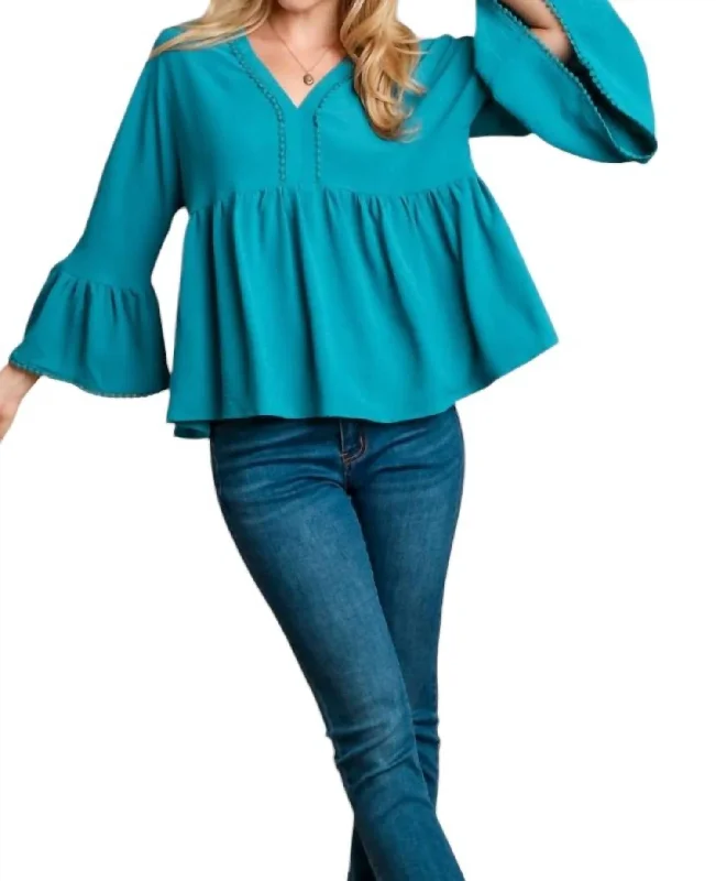 She's A Flirt Bell Sleeve Blouse In Teal Slim Fit Blouse