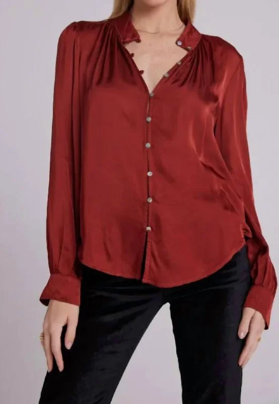 Shirred Button Up Blouse In Warm Brandy Delicate Bow Blouse