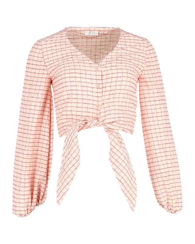 Stine Goya Blanca Tie-Front Checked Blouse in Pink Cotton Puff Sleeve Blouse