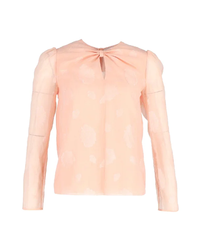 Vilshenko Sheer Sleeve Blouse in Peach Silk Delicate Bow Blouse