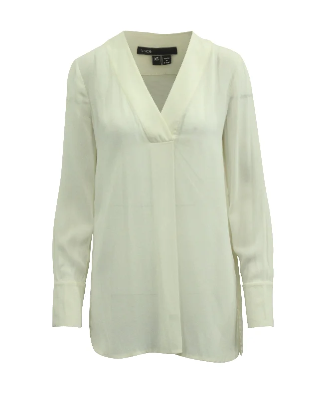 Vince Long Sleeve V-neck Blouse in White Rayon Delicate Pleat Blouse