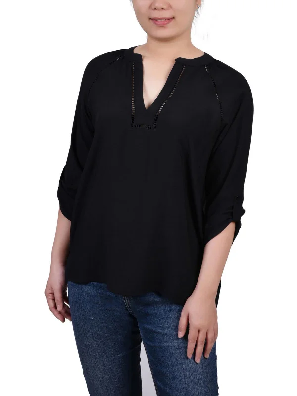 Womens Collared V Neck Blouse Playful Puff Blouse