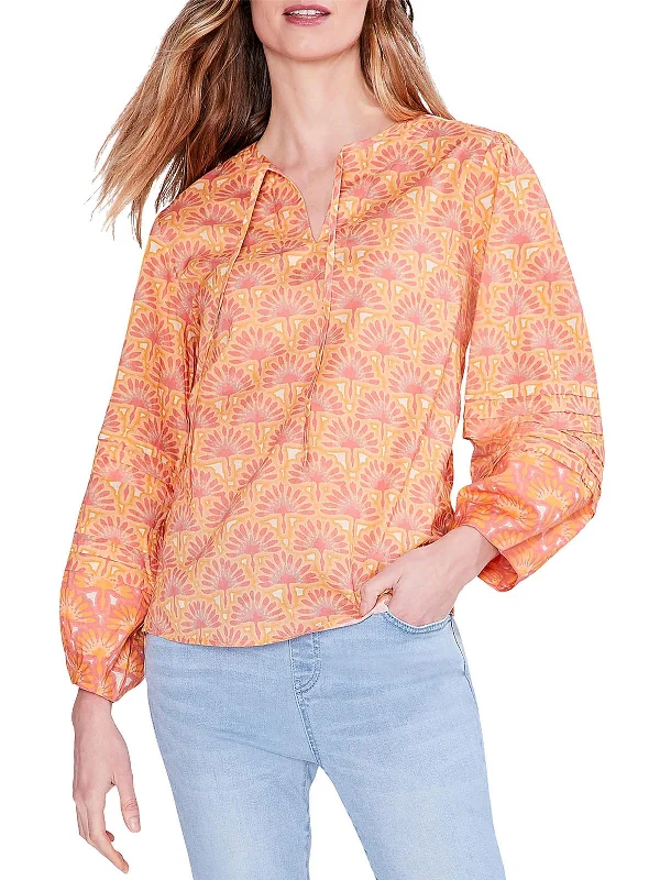 Womens Cotton Printed Blouse Elegant Semi-Sheer Blouse