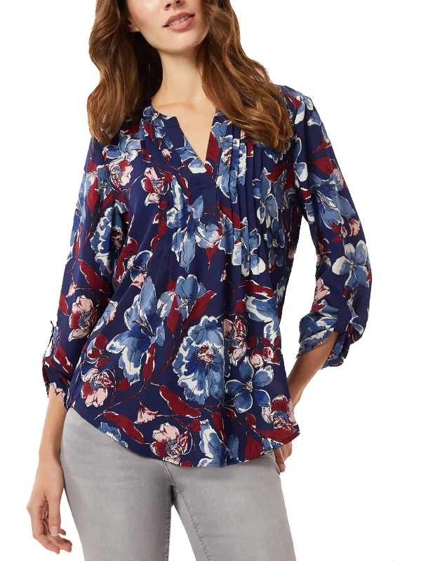 Womens Floral Pintuck Blouse Boho Printed Blouse