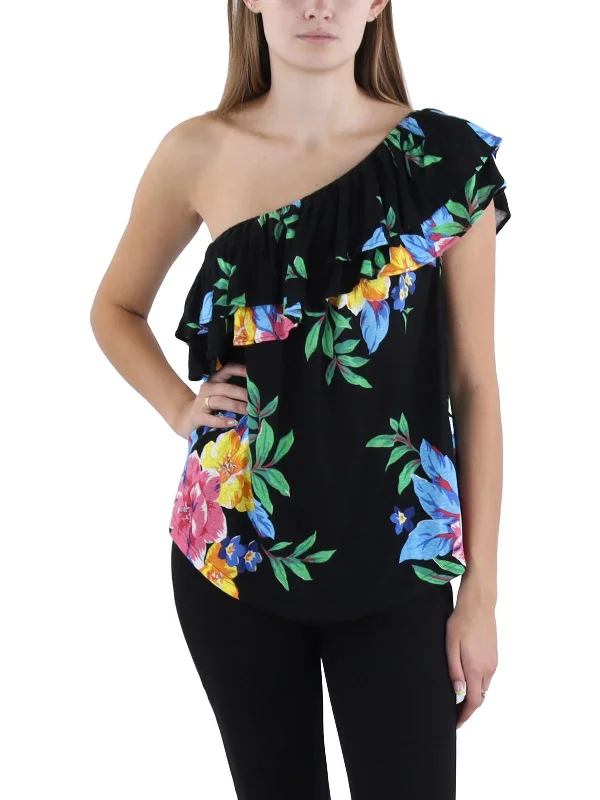 Womens Floral Print One Shoulder Blouse Balloon Sleeve Blouse