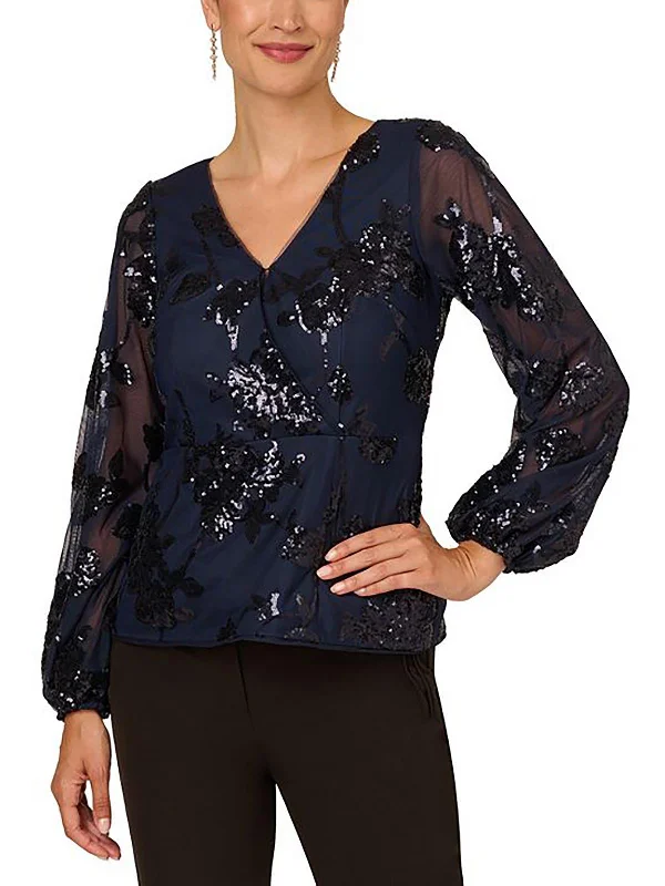 Womens Floral Sequined Blouse Feminine Satin Blouse