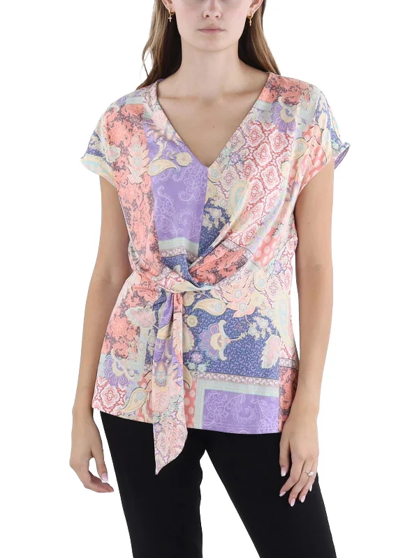 Womens Front Twist Printed Blouse Elegant Embroidery Blouse