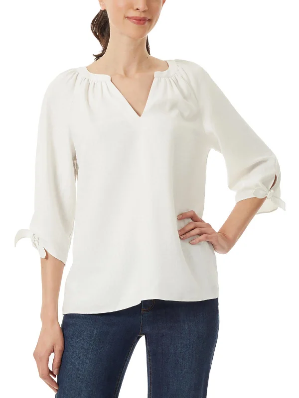 Womens Linen Hi-Low Blouse Ruched Sleeve Blouse