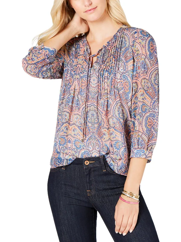 Womens Paisley Pintuck Blouse Loose Oversized Blouse