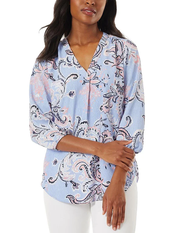 Womens Paisley V-Neck Blouse Pleated Collar Blouse