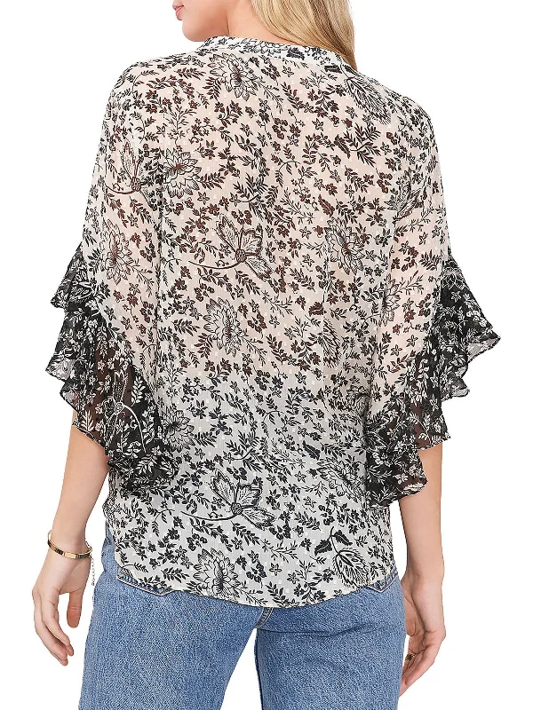 Womens Pintuck Flutter Sleeve Blouse Cotton Casual Blouse