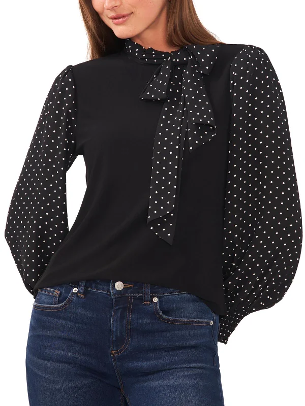 Womens Polka Dot Tie Neck Blouse Short Sleeve Blouse