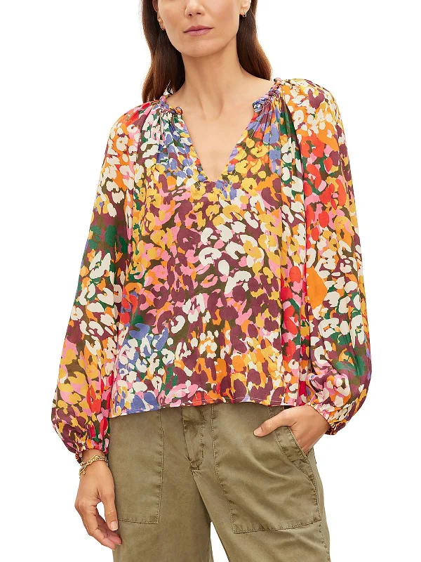 Womens Printed V Neck Blouse Sheer Sleeve Blouse