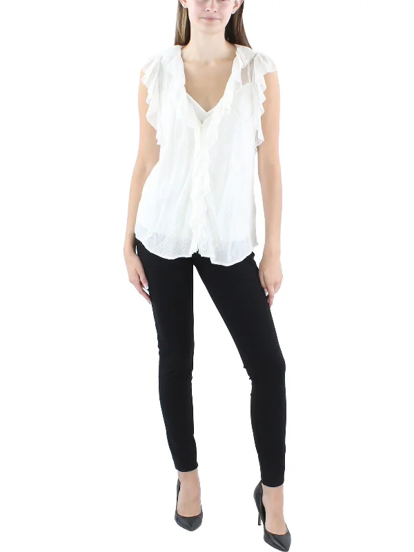 Womens Ruffled Button Front Blouse Feminine Puff Blouse