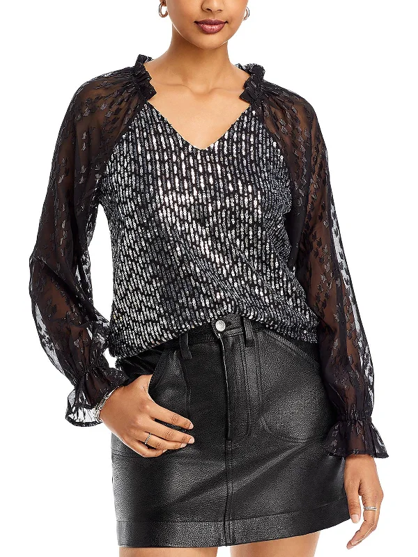 Womens Sequined V-Neck Blouse Mandarin Collar Blouse