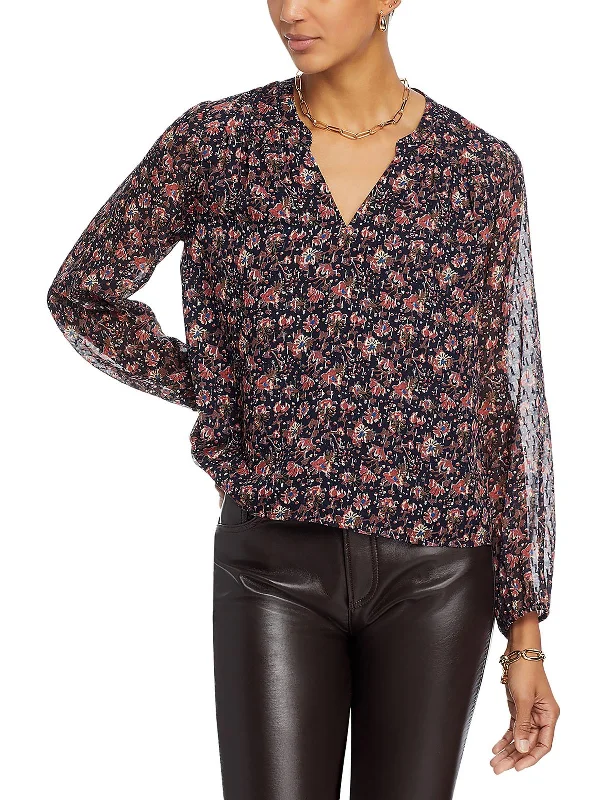 Womens Silk Metallic Blouse Floral Chiffon Blouse