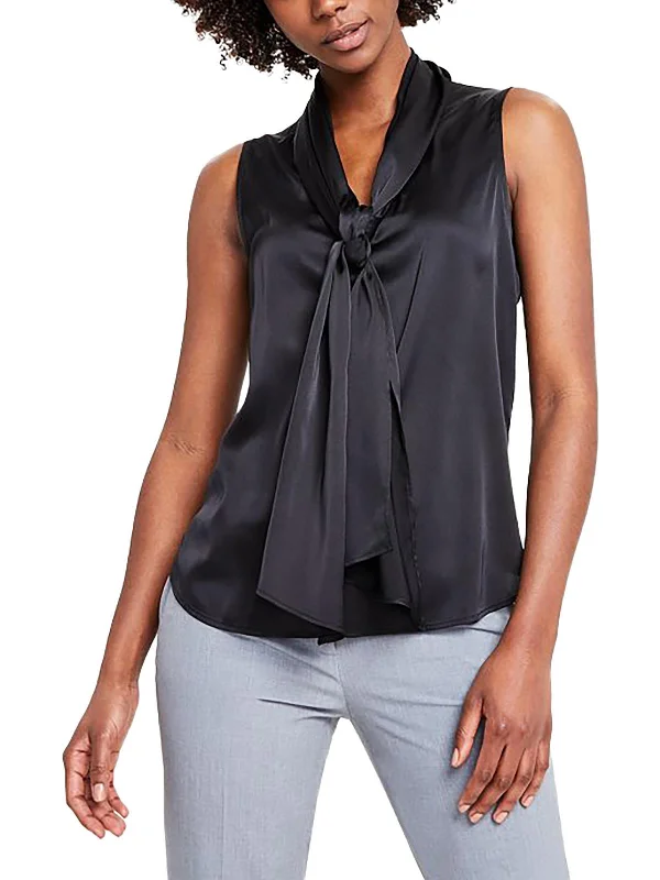 Womens Tie Front Sleeveless Blouse Soft Satin Blouse