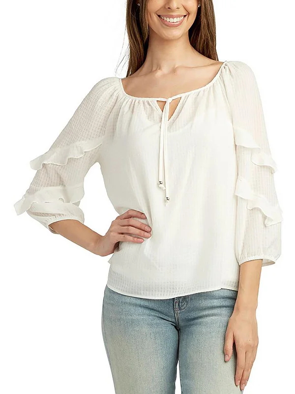 Womens Tie Neck Ruffled Blouse Balloon Sleeve Blouse