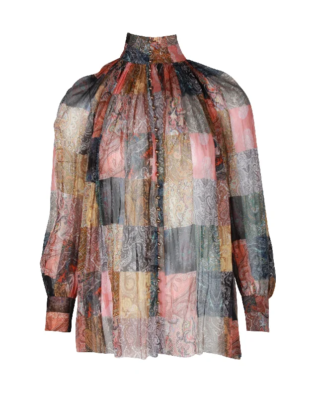 Zimmermann Ninety-Six Lattice-Trimmed Printed Blouse in Multicolor Linen And Silk-Blend Gauze Casual Stripe Blouse